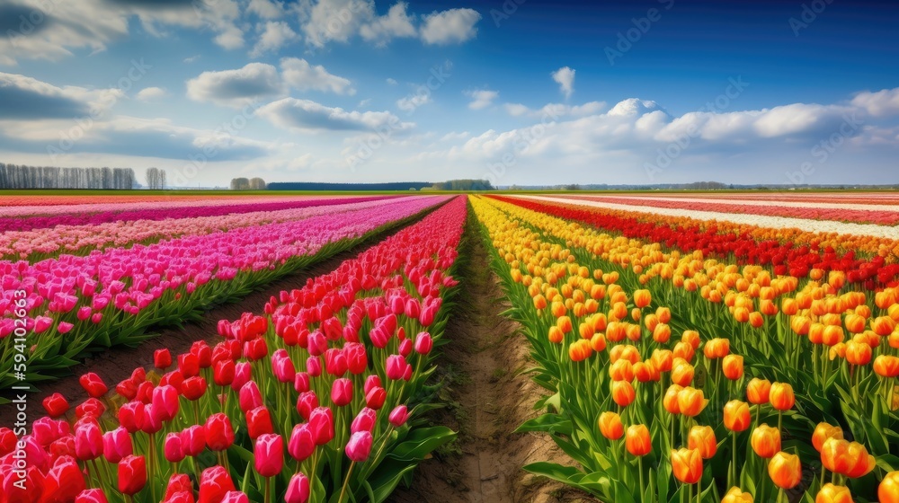 Gorgeous fields of blooming Tulips in Spring