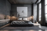 Modern minimalistic bedroom interior with a big empty wall with paint, front view, cinematic, 4k, 3d render, photorealistic, hyperrealistic, CGI, 4K fully detailed, octane render, unreal engine, dept