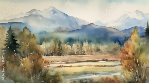 Watercolor artwork of scenic beauty with soft hues of a mountain range