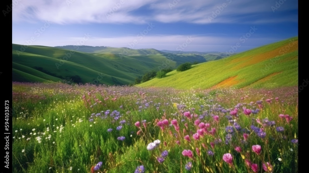 Scenic view of wildflower hillside with rolling hills