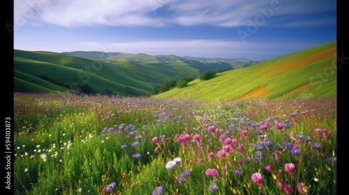 Photo Scenic view of wildflower hillside with rolling hills