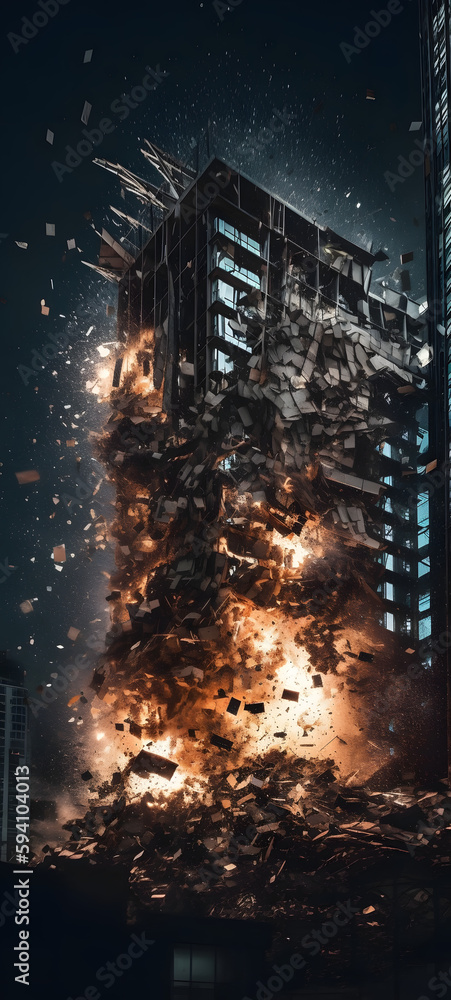 Chaos in the City: Skyscraper Erupts into a Shower of Debris, AI Generative