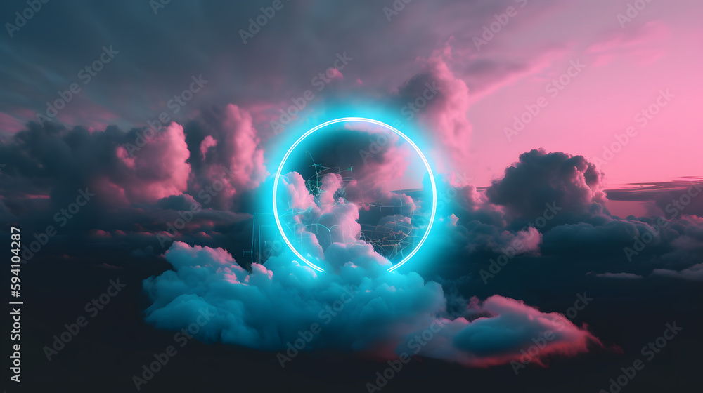 A Heavenly Haven: Pink and Blue Circle Enveloped by Clouds, Glowing with Neon Lights and Positive Vibes, AI Generative