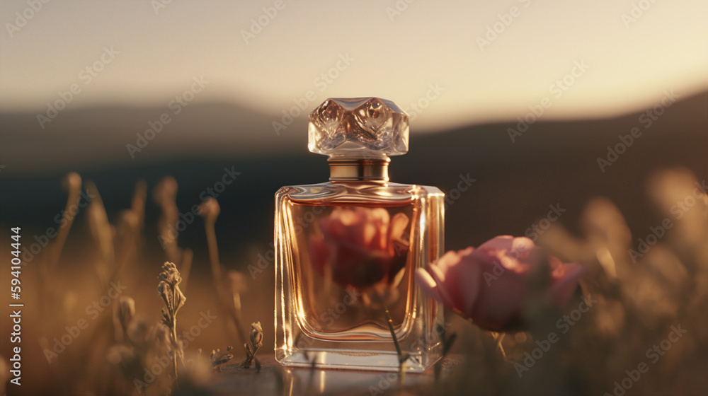 Photorealistic 4k Photo rose Perfume bottle in a modern and simple style is located on a neutral background, Wide cinematic shot, meadow, mountains, sunset, backlight, lens flare, cinematic lighting,  - obrazy, fototapety, plakaty 
