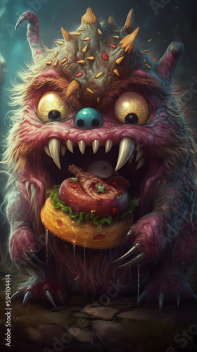 Burgertime with a Fluffy Cute Monster: A Fun and Playful Appetite, AI Generative