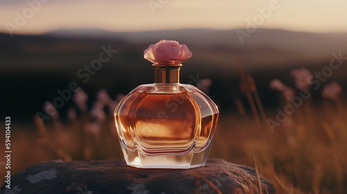 Slika na platnu Photorealistic 4k Photo rose Perfume bottle in a modern and simple style is loca