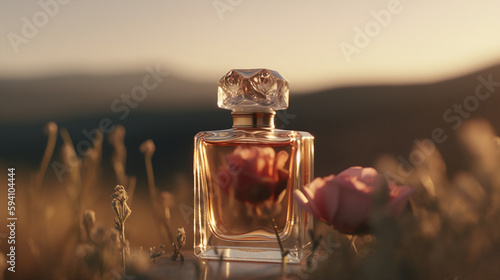 Photorealistic 4k Photo rose Perfume bottle in a modern and simple style is located on a neutral background, Wide cinematic shot, meadow, mountains, sunset, backlight, lens flare, cinematic lighting, 