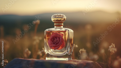 Foto Photorealistic 4k Photo rose Perfume bottle in a modern and simple style is loca