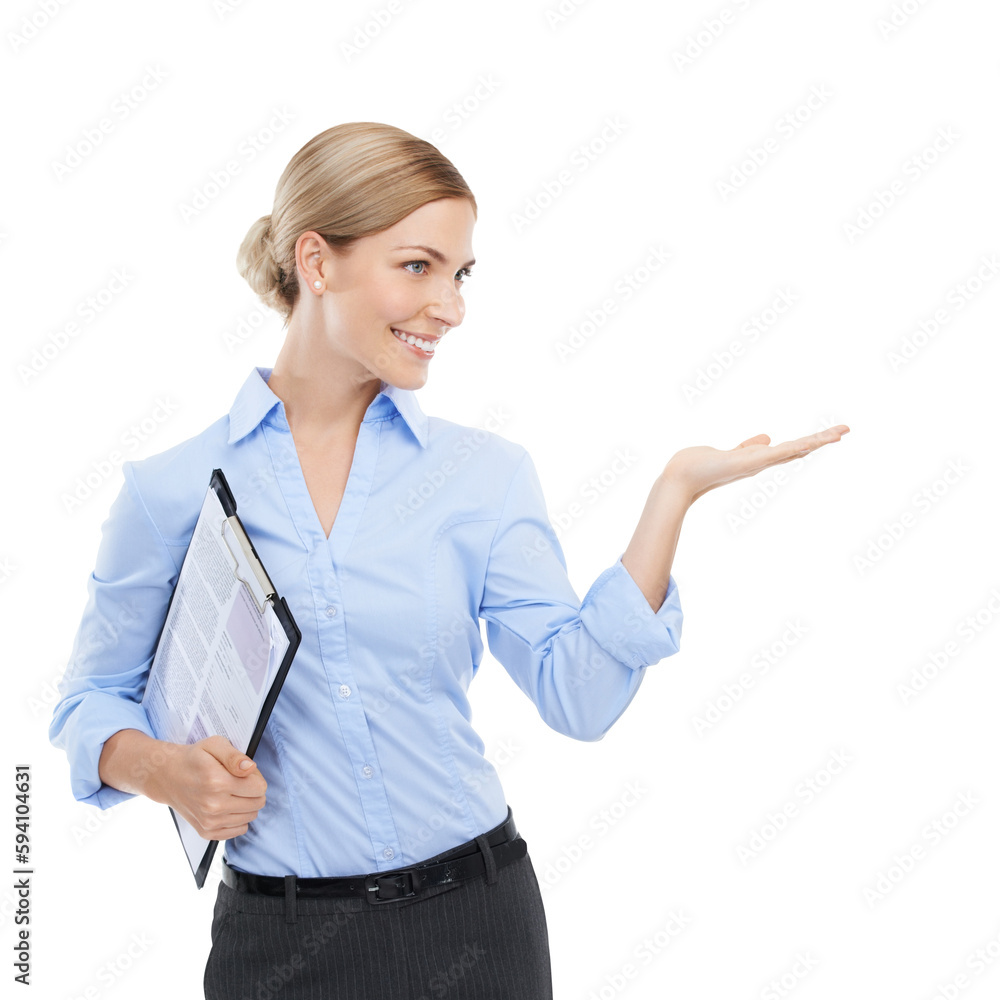 Business woman, hand and palm with clipboard for promotion, recruitment advertising or branding and contract marketing. Smile, happy worker and hr manager isolated on a transparent png background Business woman, hand and palm with clipboard for promotion, recruitment advertising or branding and contract marketing. Smile, happy worker and hr manager isolated on a transparent png background