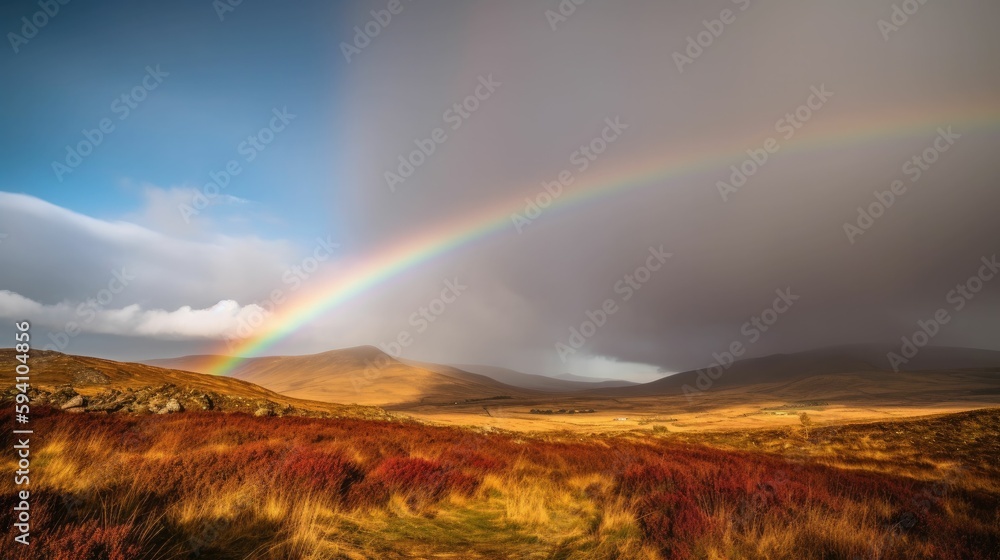 A colorful and vibrant scene with a rainbow