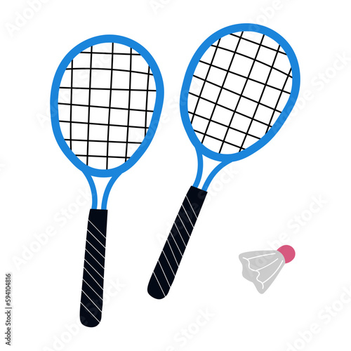 Badminton vector icon. Shuttlecock and badminton racket illustration.Sports equipment. Cartoon vector illustration. Drawn by hand. Isolated white background. 