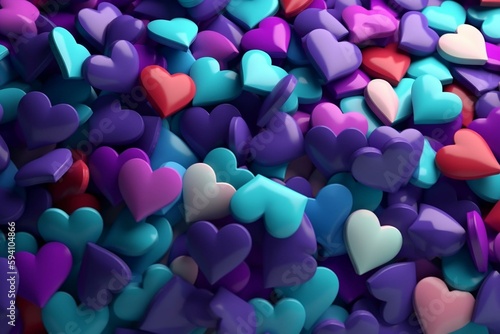Multicolored Heart background. Valentine Wallpaper with Violet, Turquoise and Pink love hearts. 3D Render. Generative AI
