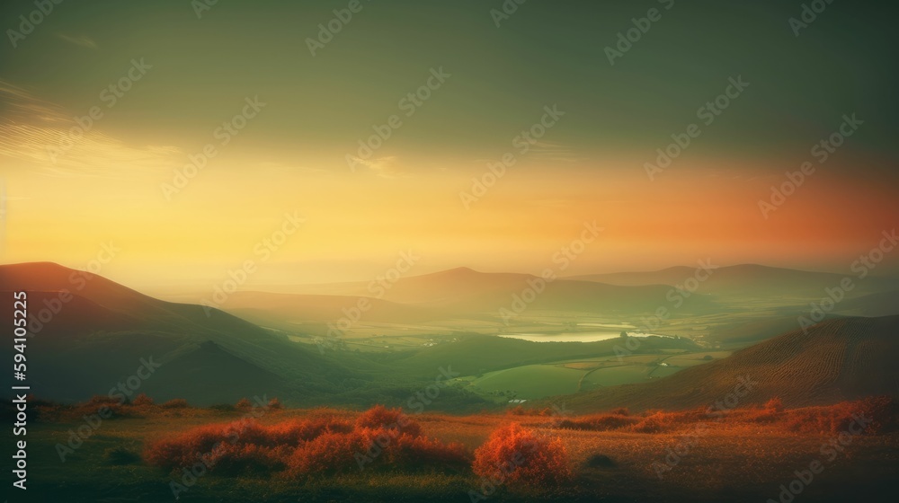 Naklejka premium Fading Sun in Soft Hues of Orange and Green