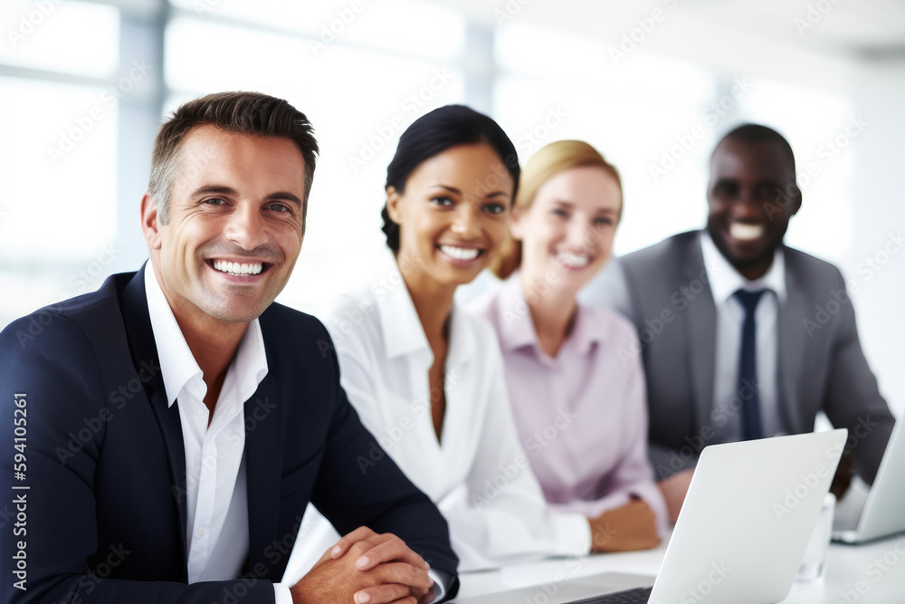 Businesspeople Smiling in Modern Multiethnic Open Plan Office. High quality generative ai Businesspeople Smiling in Modern Multiethnic Open Plan Office. High quality generative ai