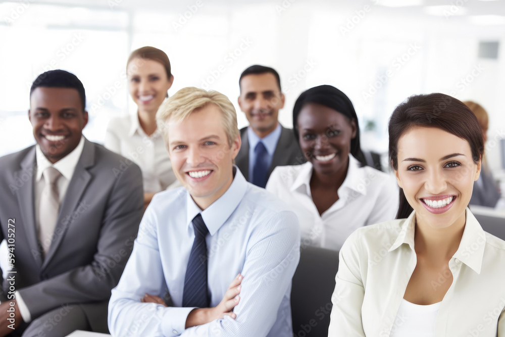 Businesspeople Smiling in Modern Multiethnic Open Plan Office. High quality generative ai Businesspeople Smiling in Modern Multiethnic Open Plan Office. High quality generative ai