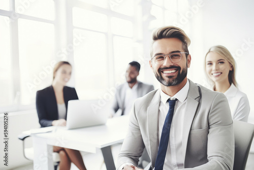 Wallpaper Mural Businesspeople Smiling in Modern Open Plan Office. High quality generative ai Torontodigital.ca