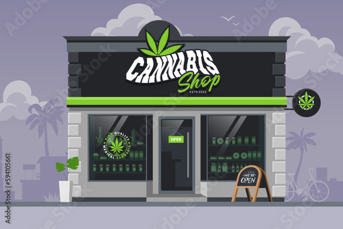 Cannabis shop building exterior. Medical Marijuana store with a creative sign, entrance group and showcases. Retail business selling legal CBD hemp products. Front view. Vector illustration