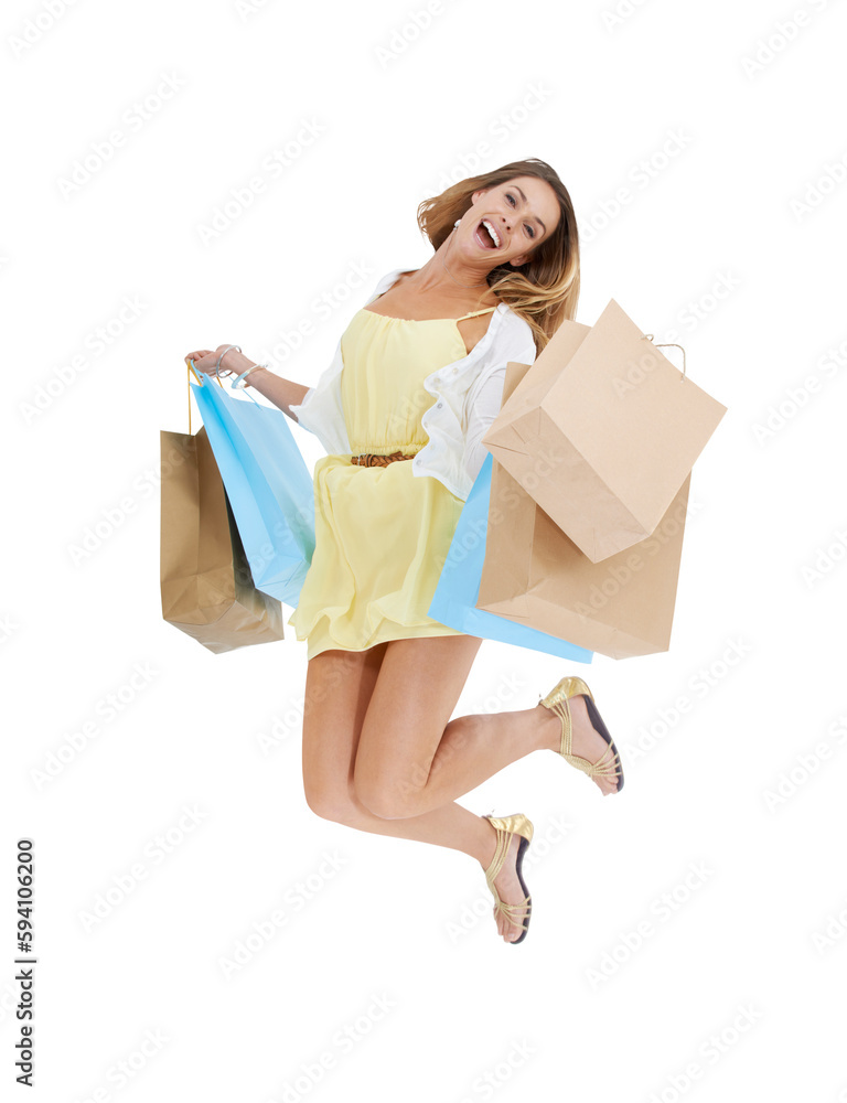 Shopping bag, fashion with portrait of woman and jumping on png background for discount, sale and luxury. Bargain, rich and excited with female isolated on transparent for offer, present and boutique Shopping bag, fashion with portrait of woman and jumping on png background for discount, sale and luxury. Bargain, rich and excited with female isolated on transparent for offer, present and boutique