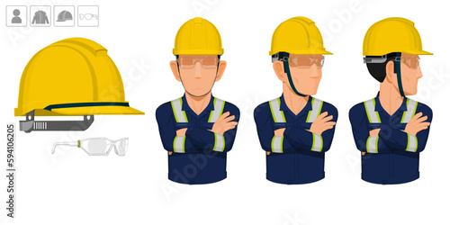 worker with helmet and glasses on white background