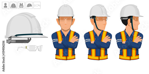 worker with helmet and glasses on white background