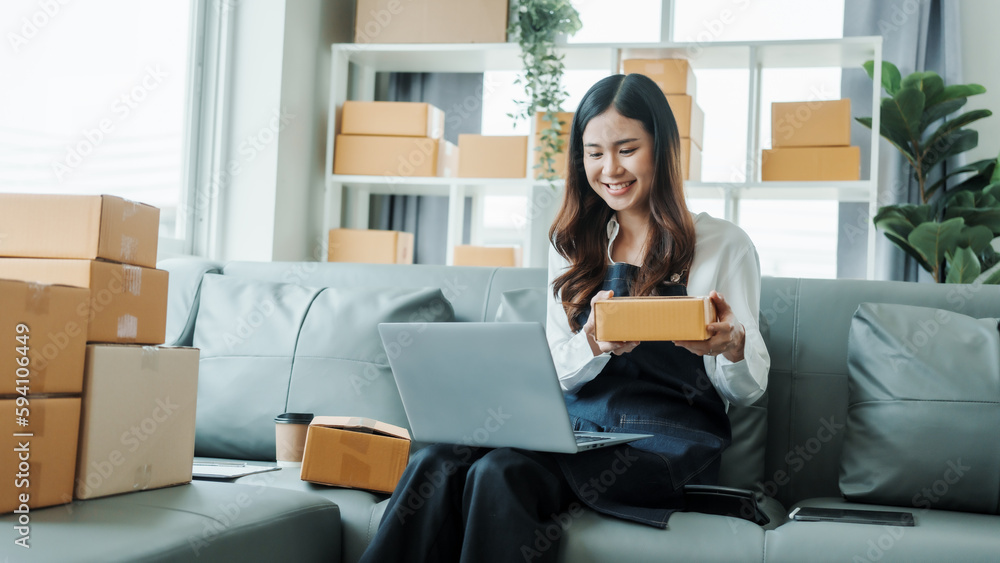 Using Laptop computer, Young pretty Asian female influencer small businesses SME owners female entrepreneurs working on receipt box and check online orders, sitting on sofa of home online business. Using Laptop computer, Young pretty Asian female influencer small businesses SME owners female entrepreneurs working on receipt box and check online orders, sitting on sofa of home online business.