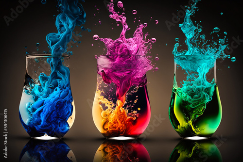 Mysterious Blue, Pink, Orange, Red, Turquoise and Green color liquid splash with three glasses. Abstract art water liquid effect chemical reaction concept. Made with Generative AI