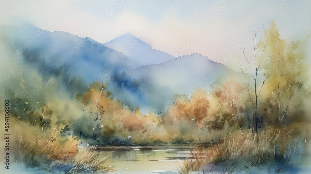 Watercolor painting of soft-hued mountainous landscape