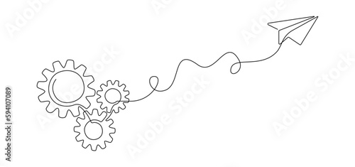 Gears wheels and paper plane in one continuous line drawing. Machinery cogwheels in simple linear style. Symbol of new idea business teamwork and start up. Editable stroke. Doodle vector illustration