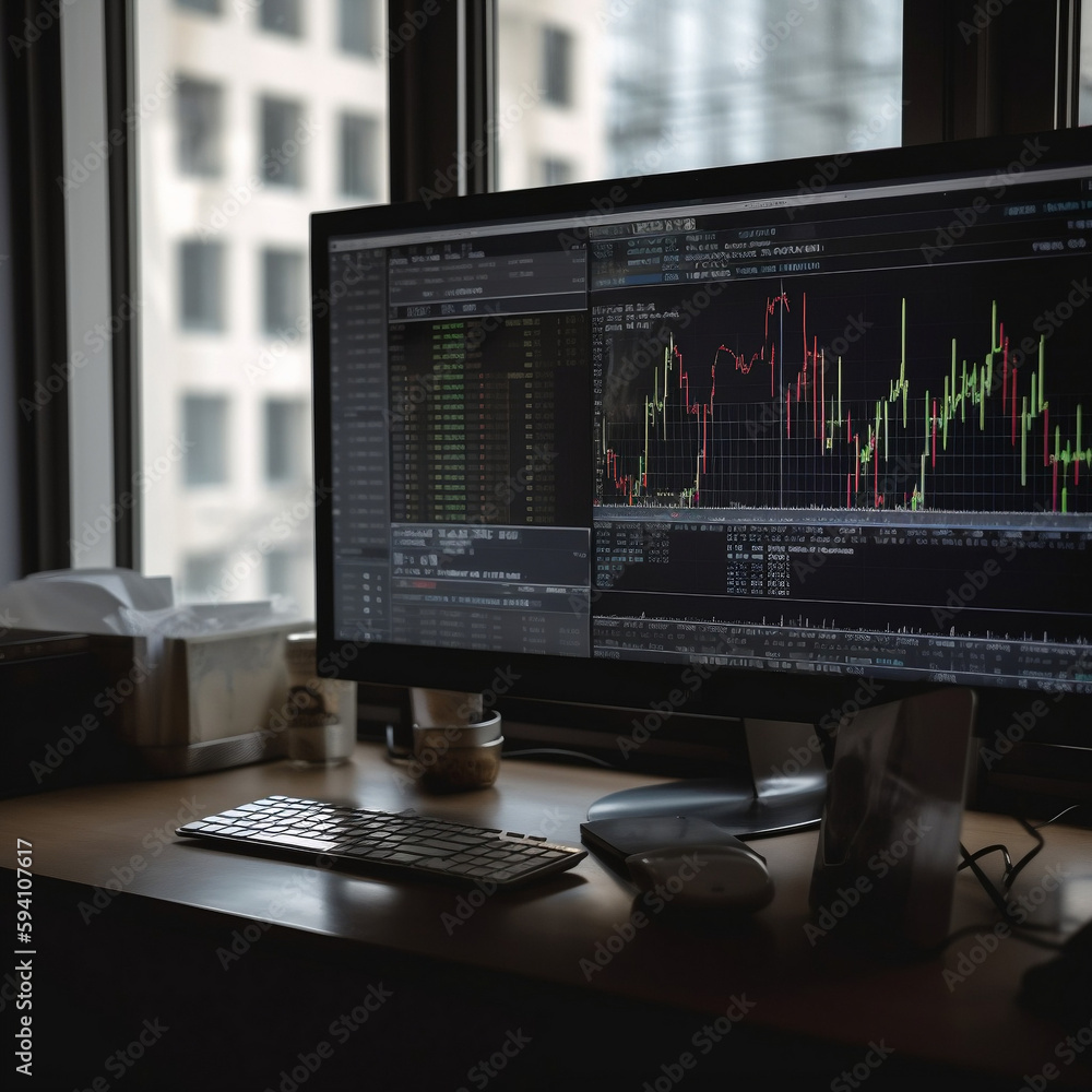 A computer screen and there is a stock market /bitcoin chart on the computer's screen A computer screen and there is a stock market /bitcoin chart on the computer's screen