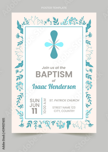 Baptism Invitation Card Blue editable Design, with flowers and cross