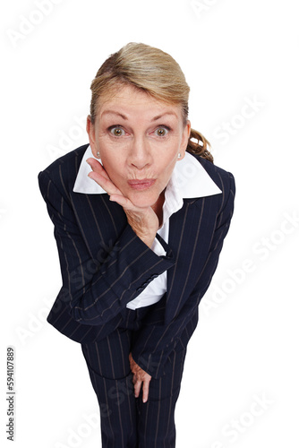 Wow, surprise and portrait of business woman isolated on transparent png background for office gossip. Corporate fashion, manager and senior worker listening for information and secret with shock