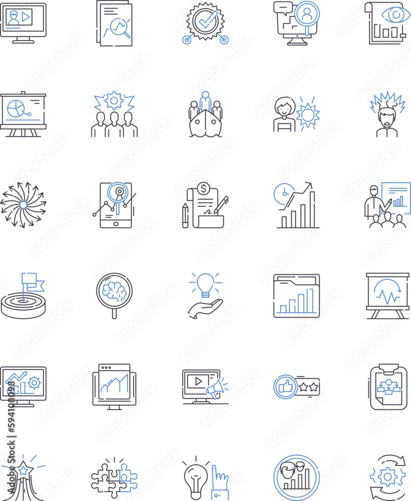 Approach scheme line icons collection. Methodology, Strategy, System, Process, Program, Framework, Formula vector and linear illustration. Technique,Blueprint,Approach outline signs set