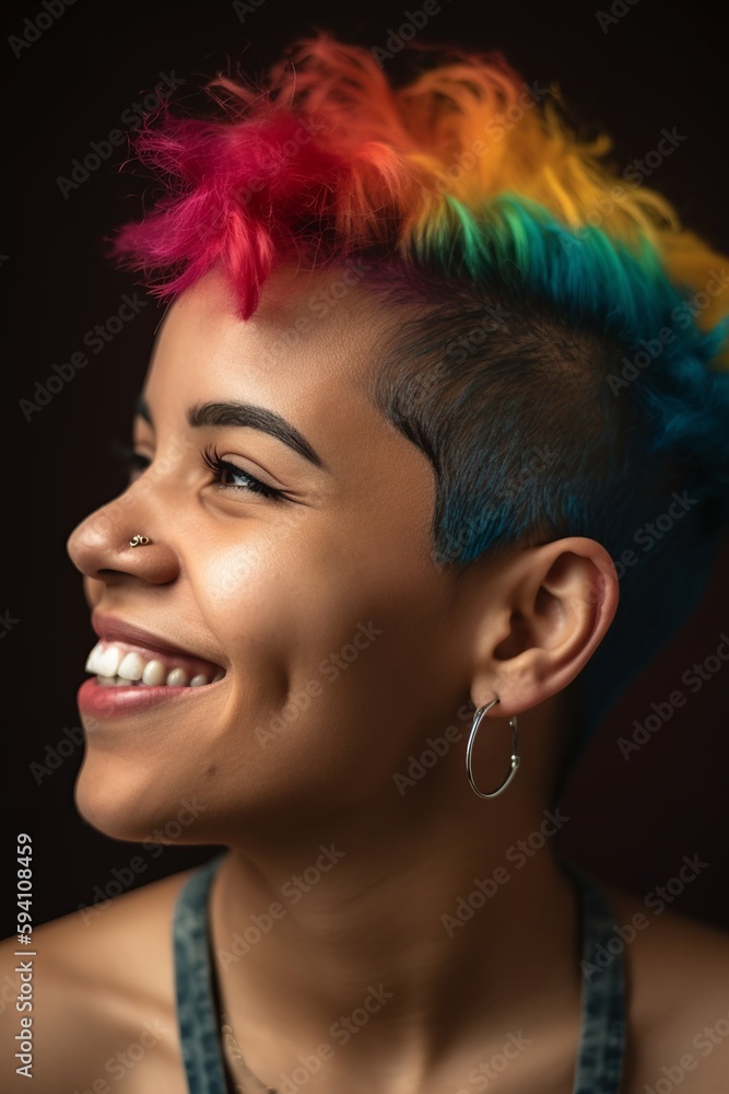 African American LGBTQ black woman smiling with short colored hair, pride month rainbow flag colors, close up face portrait of happy beautiful hispanic cheerful girl with colorful hair, generative AI African American LGBTQ black woman smiling with short colored hair, pride month rainbow flag colors, close up face portrait of happy beautiful hispanic cheerful girl with colorful hair, generative AI