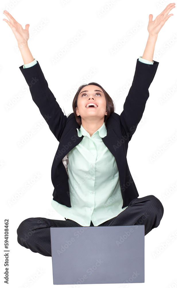 Celebrating Businesswoman Sitting on Groun Cross- Legged with Laptop - Isolated Celebrating Businesswoman Sitting on Groun Cross- Legged with Laptop - Isolated