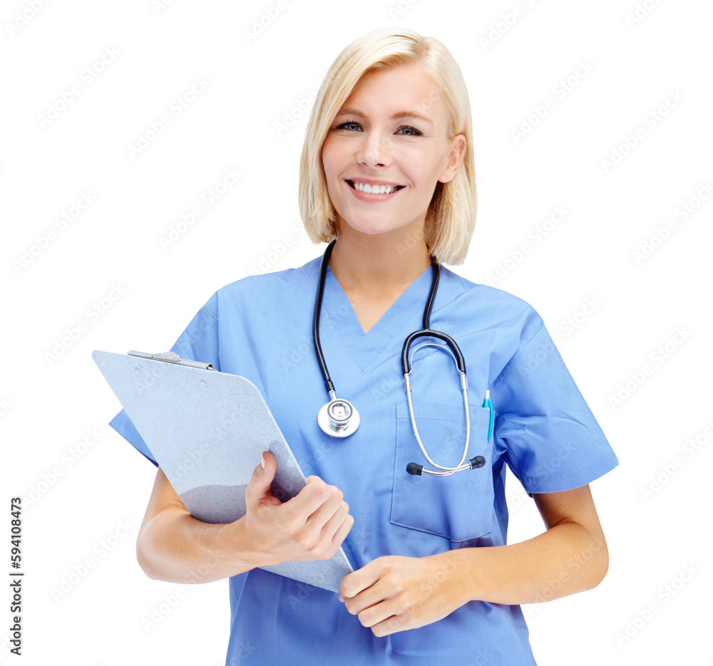 Portrait, medical and documents with a nurse woman isolated on a transparent background. Hospital, insurance and healthcare with a happy female medicine professional holding a clipboard on png
