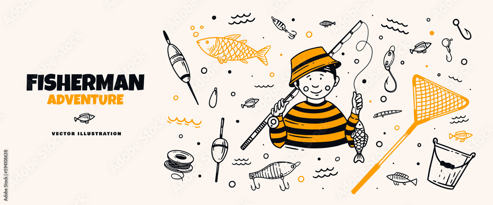 Fisherman adventure banner. Boy fisherman and set of the fisher in linear style. Fishing rod, floats, fish, hooks, net, bucket on light background. Vector illustration for fishing holiday design.