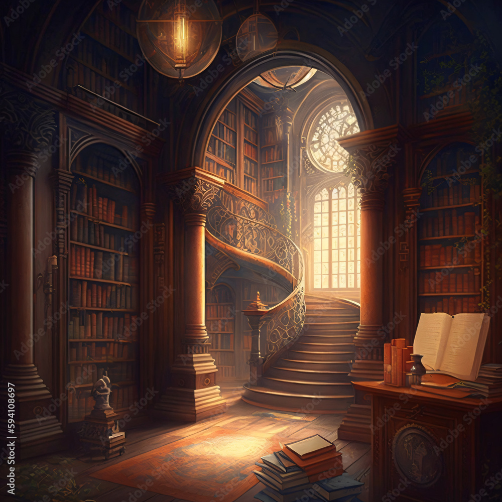 interior of a fantastical library Generative Ai