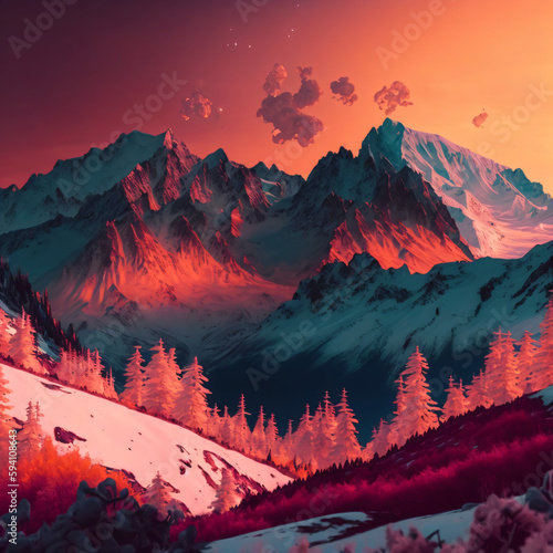 red sunset in the snowy mountains Generative Ai