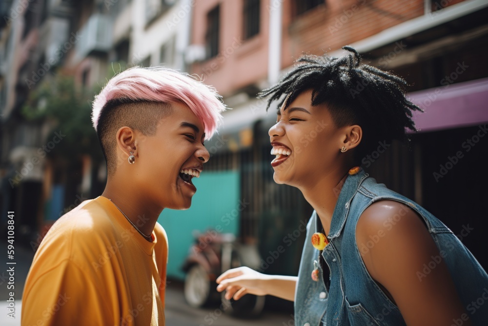 African American and asian LGBTQ non binary couple smiling and dancing, pride month rainbow flag colors, portrait of happy attractive gay couple, cheerful people with colorful hair, generative AI - obrazy, fototapety, plakaty 