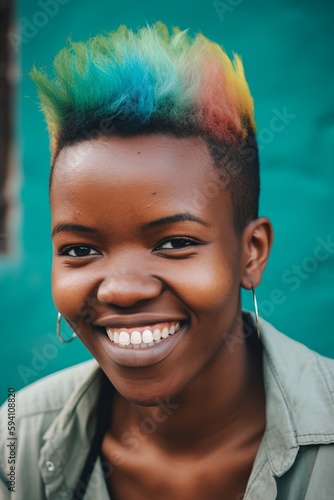 African American LGBTQ black non binary person smiling with short colored hair, pride month rainbow flag colors, portrait of happy attractive hispanic cheerful people with colorful hair, generative AI