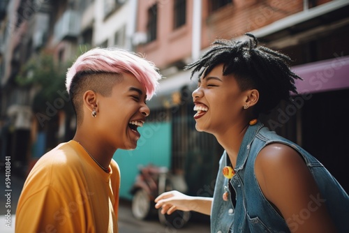 African American and asian LGBTQ non binary couple smiling and dancing, pride month rainbow flag colors, portrait of happy attractive gay couple, cheerful people with colorful hair, generative AI