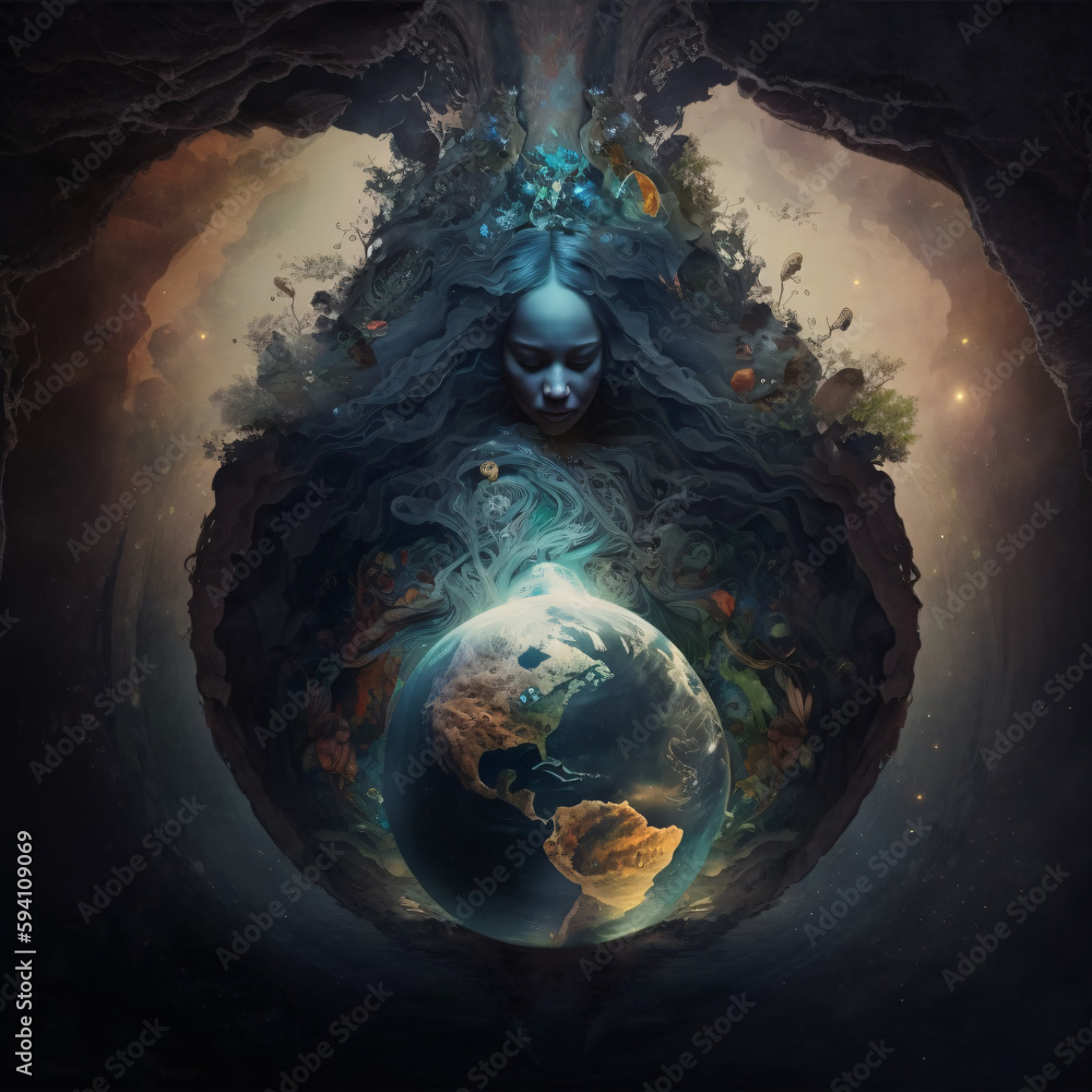 Mother Nature goddess surrounding the earth illustration concept art ...