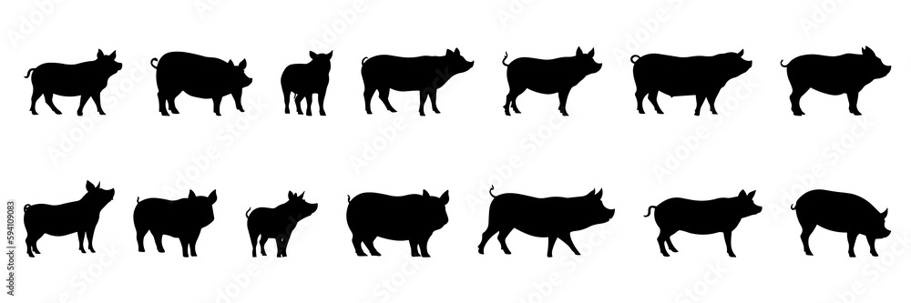 Pig silhouettes set, large pack of vector silhouette design, isolated white background