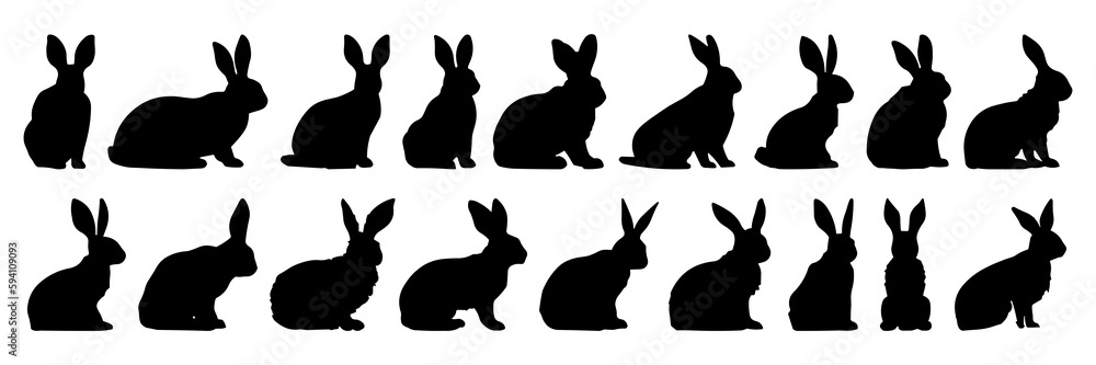 Fototapeta premium Rabbit silhouettes set, large pack of vector silhouette design, isolated white background