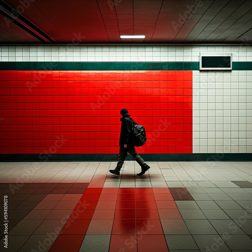 suspicious man walking in the subway with red and white colors Generative Ai