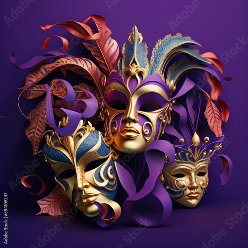 Festive Grouping of mardi gras, venetian or carnivale mask illsutration on a purple background.