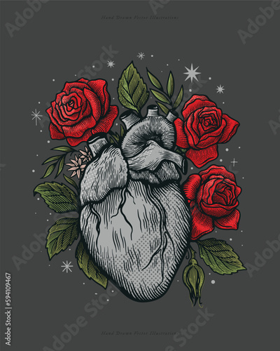 Stone heart surrounded by red roses in engraving style. Vintage symbol of love on a dark background. Vintage vector illustration for postcard, book or tattoo design.