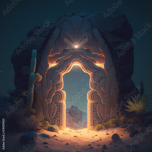 magic portal stone in the desert night Generative Ai photo