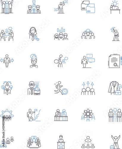 Duty assignment line icons collection. Responsibility, Allocation, Delegation, Obligation, Distribution, Mandate, Deployment vector and linear illustration. Placement,Tasking,Consignment outline signs