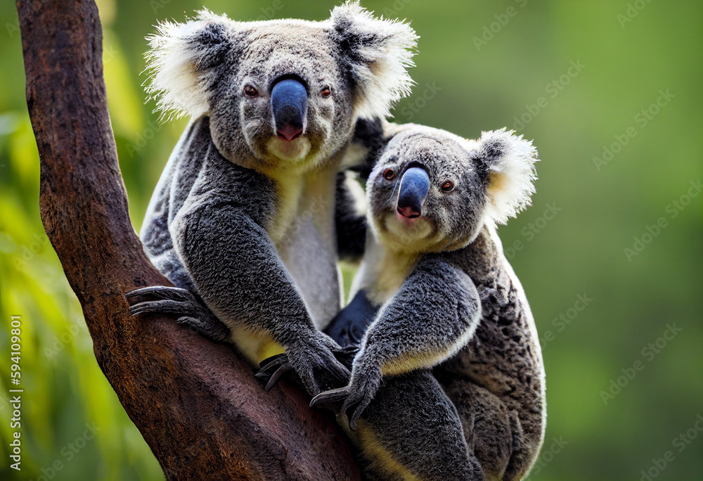 Fototapeta premium two koala bears sitting on eucalyptus tree in Australia, generative AI